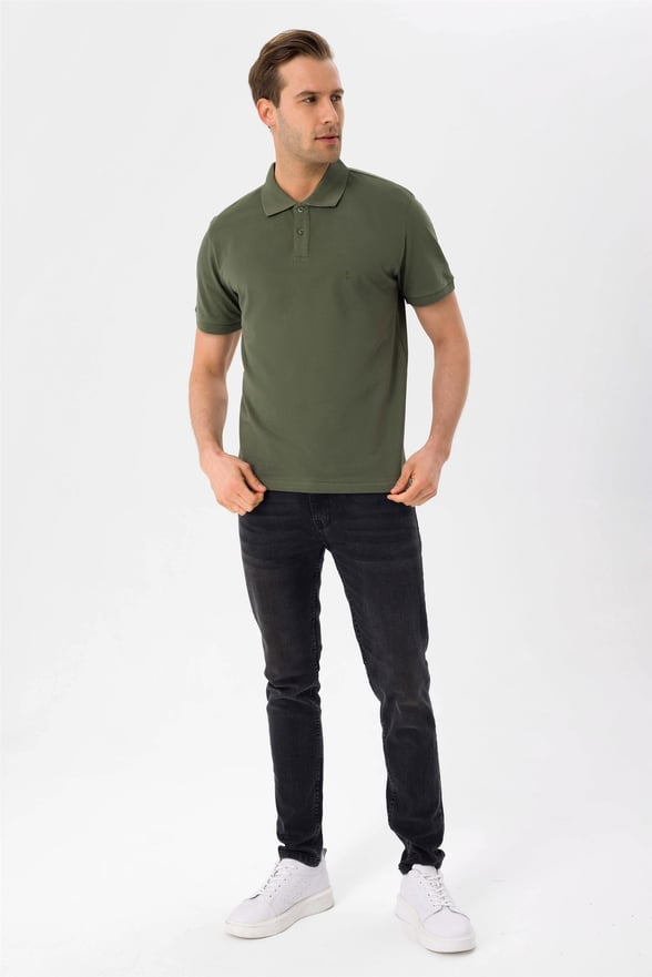 YEŞİL HAKİ 2 Slim Armürlü Polo Yaka  Tişört