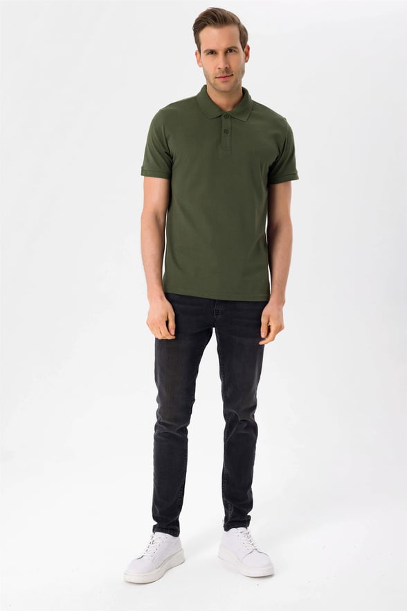 YEŞİL HAKİ 2 Slim Armürlü Polo Yaka  Tişört