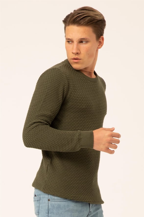 YEŞİL HAKİ 4 Slim Armürlü O Yaka  Triko