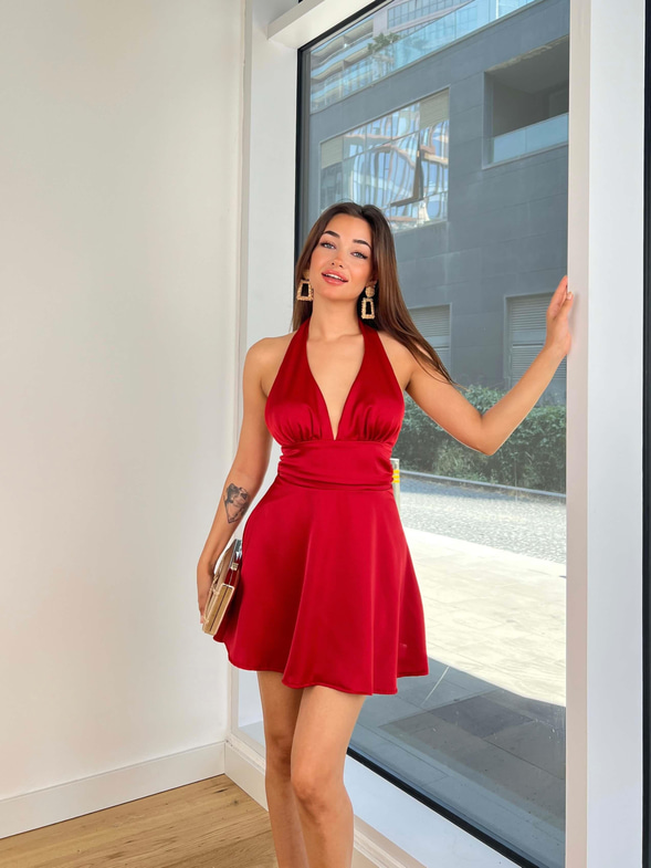 V Yaka Boyundan Askılı Belden Bağlamalı Adelen Kırmızı Kadın Mini Elbise 25K478