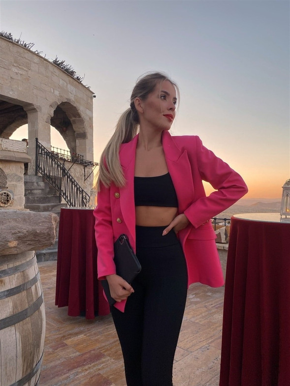 Vatkalı Metal Düğmeli Kruvaze Adelina Kadın Pembe Ceket 22K000034