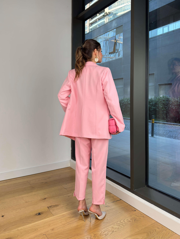 Askılı Korse Görünüm Crop Düğme Kapamalı Blazer Ceket Yüksek Bel Pantolon Adelisa Pembe Kadın Üçlü Takım 25Y493