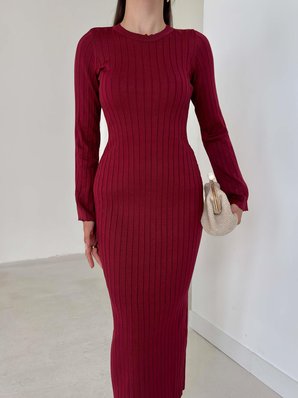 Bisiklet Yaka Agatha Bordo Triko Kadın Elbise 26K003