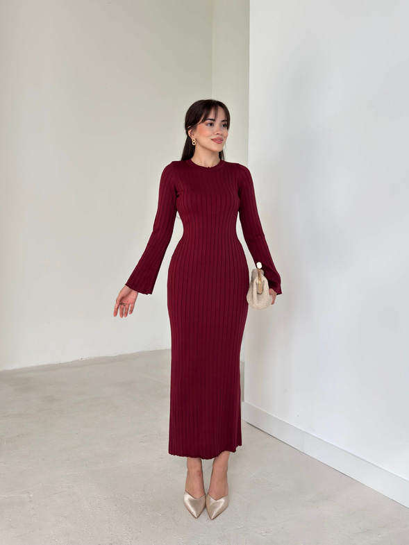 Bisiklet Yaka Agatha Bordo Triko Kadın Elbise 26K003