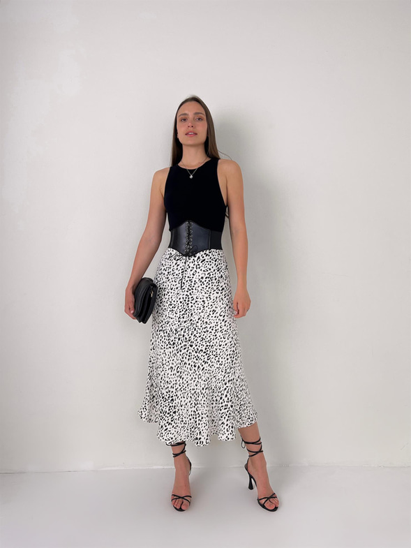 Saten Ales Kadın Leopar Desenli Midi Etek 23Y000093