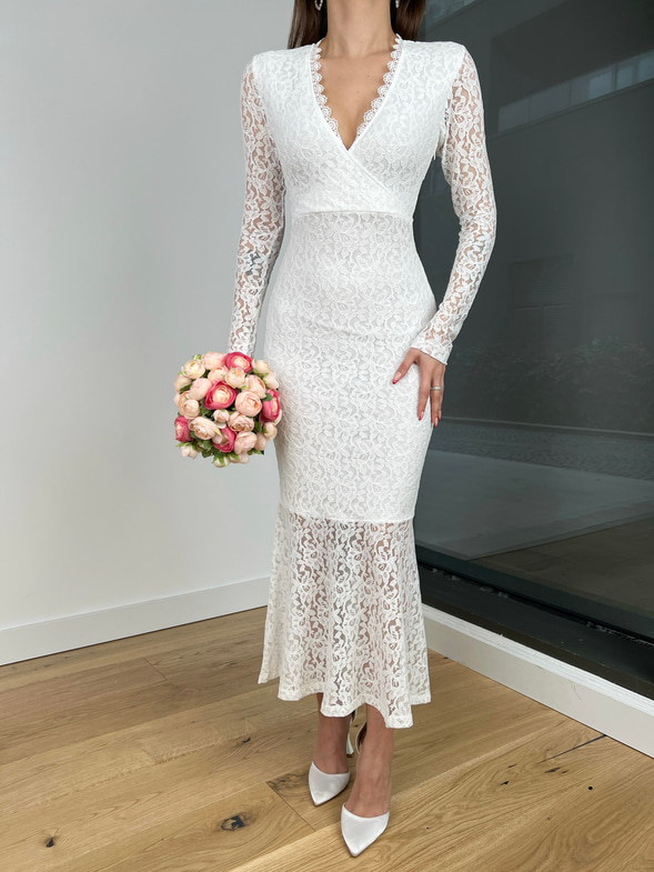V Yaka dantelli Alita Kadın Ekru Elbise 24Y084