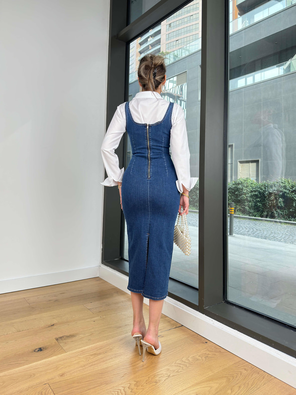 Kare Yaka Askılı Alleni Mavi Kadın Kot Elbise 25Y007