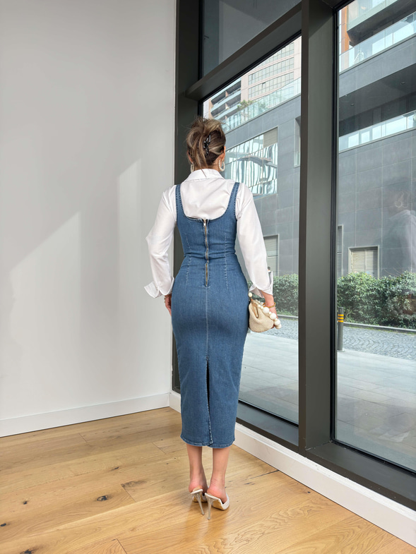 Kare Yaka Askılı Alleni Buz Mavisi Kadın Kot Elbise 25Y007