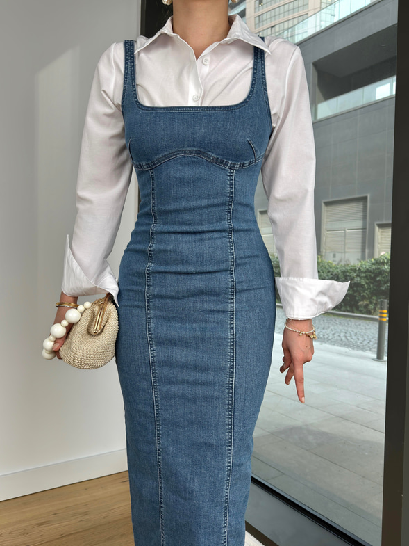 Kare Yaka Askılı Alleni Buz Mavisi Kadın Kot Elbise 25Y007