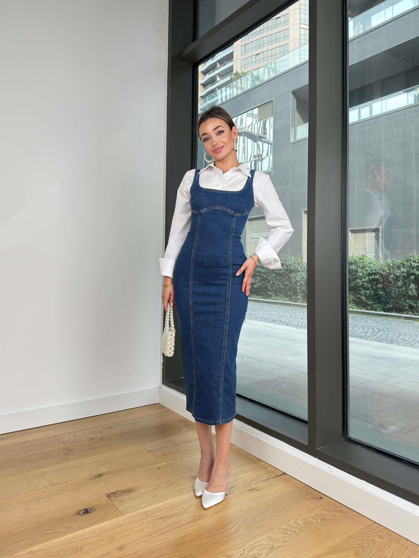 Kare Yaka Askılı Alleni Mavi Kadın Kot Elbise 25Y007