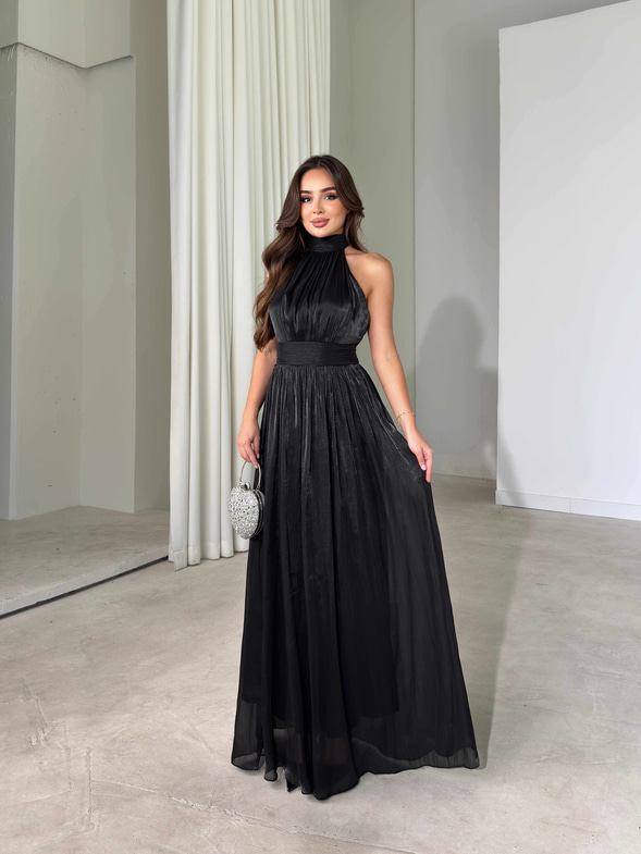 Halter Yaka Belden Oturtmalı Maxi Boy Siyah Angel Kadın Elbise 26Y480