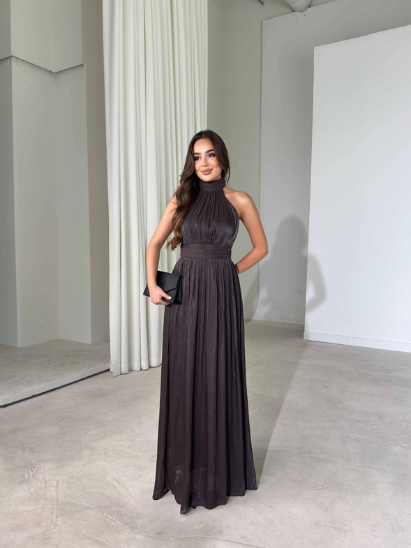 Halter Yaka Belden Oturtmalı Maxi Boy Kahverengi Angel Kadın Elbise 26Y480
