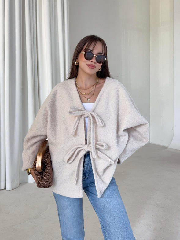 Oversize Önden Bağlamalı Annabel Kadın Bej Peluş Ceket 26K005