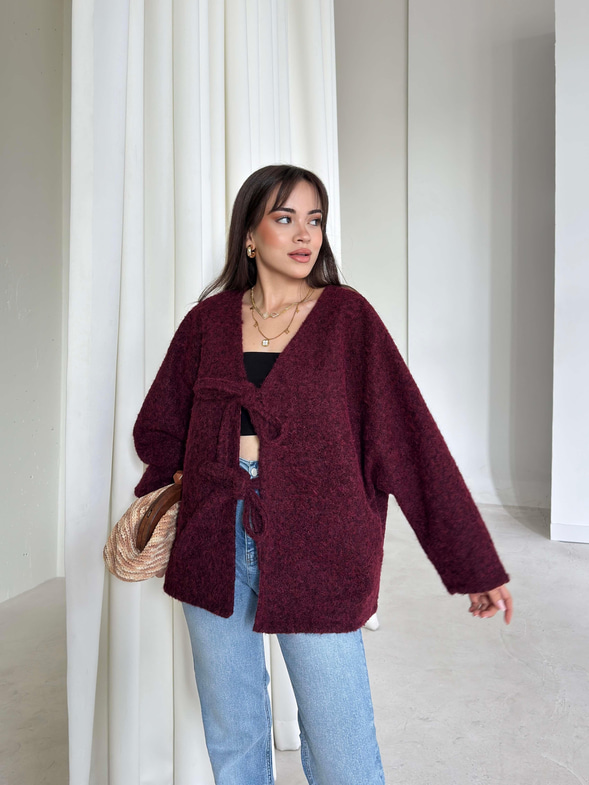 Oversize Önden Bağlamalı Annabel Kadın Bordo Peluş Ceket 26K005