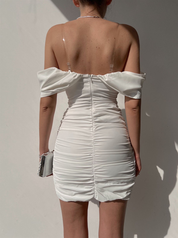 Şeffaf Takma Askı Düşük Omuz Drape Annalise Kadın Beyaz Elbise 22Y000018