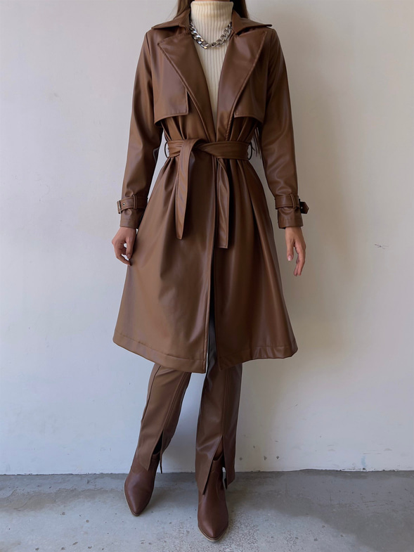 Arka Yırtmaçlı Bağcıklı Deri Kadın Taba Renk Trençkot 22K000274