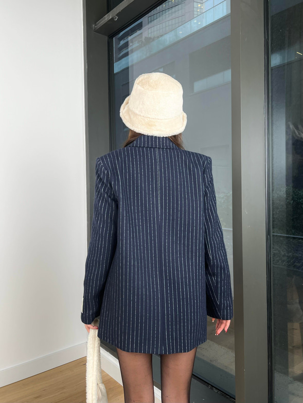 Önü Düğme Kapamalı Arnika Kadın Çizgili Lacivert Blazer Ceket 24k430