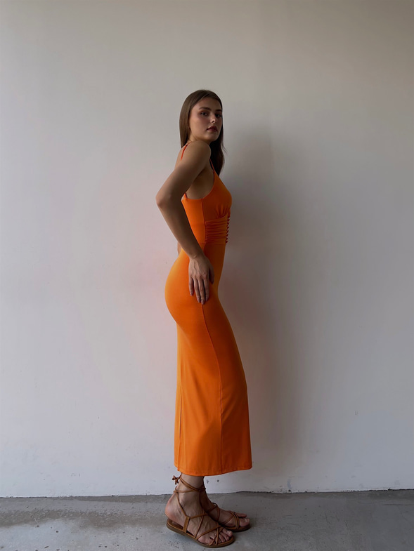 Askılı Beli Düğme Ve Drape Detaylı Janelle Kadın Oranj Elbise 22Y000088