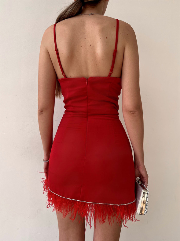 Askılı Etek Kısmı Asimetrik Kesim Püsküllü Walter Kadın Kırmızı Mini Elbise 22Y000201