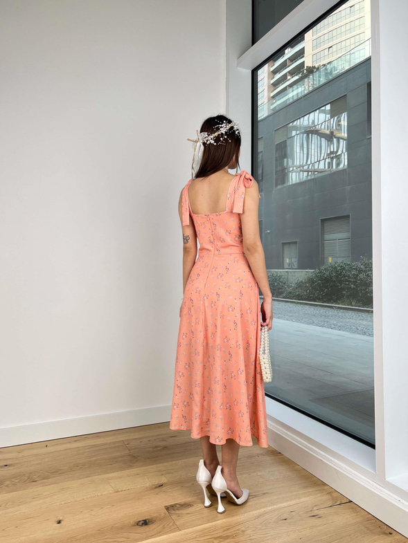 Askısı Bağlamalı Önü Büzgü Detaylı Nelma Kadın Turuncu Elbise 24Y212