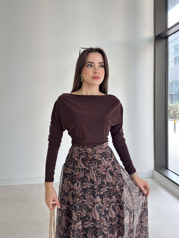 Kayık Yaka Uzun Kollu Ava Kahve Kadın Bluz 26K369