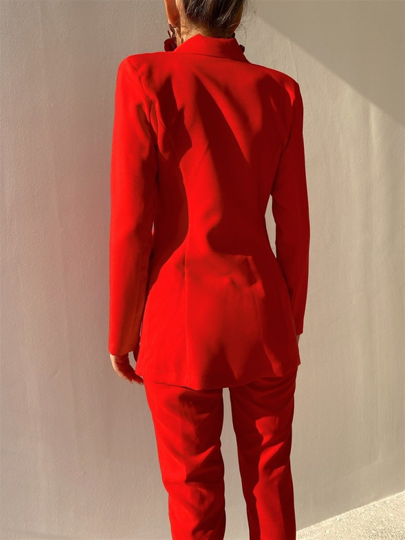 Ayarlanır Bağcıklı Crop Blazer Ceket Pantolon Aureliana Kadın Kırmızı Üçlü Takım 22K000059