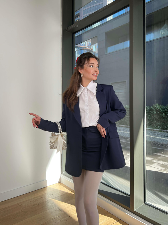 Önü Düğme Kapamalı Blazer Ceket Yüksek Bel Mini Etek Azelia Kadın Lacivert Takım 24Y073