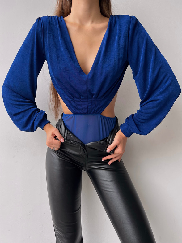 V Yaka Bel Ve Sırt Dekolteli Arkası İp Bağlamalı Uzun Kollu Baker Kadın Saks Bodysuit 23K000223