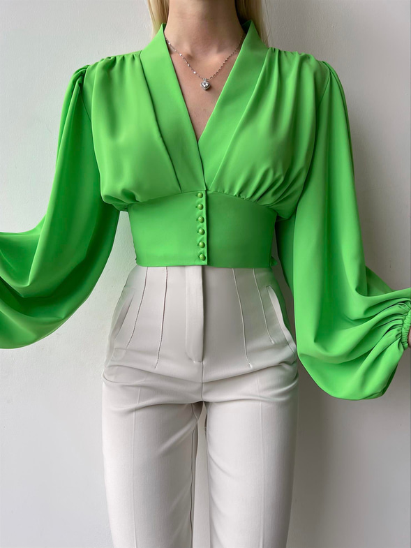 Balon Kol Önden Düğmeli V Yaka Kadın Fıstık Yeşili Crop Bluz 21Y000527
