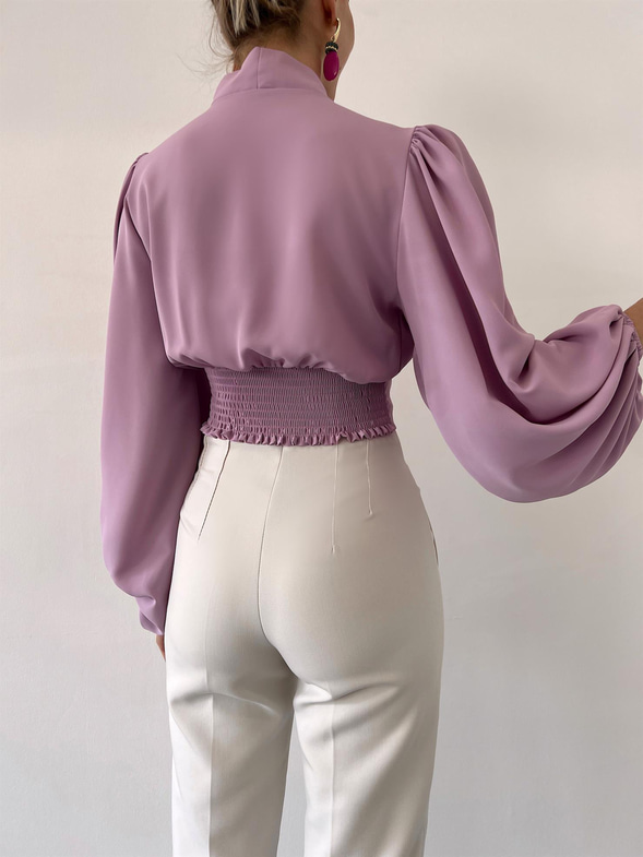 Balon Kol Önden Düğmeli V Yaka Kadın Lila Crop Bluz 21Y000527