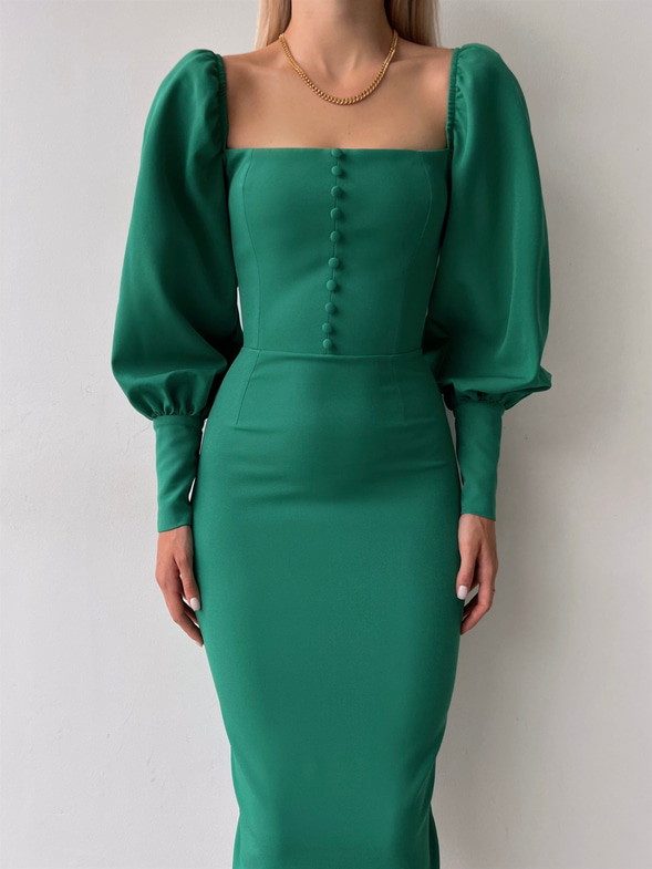 Balon Kol Düğme Detaylı Midi Boy Kadın Yeşil Kalem Elbise 22Y000008