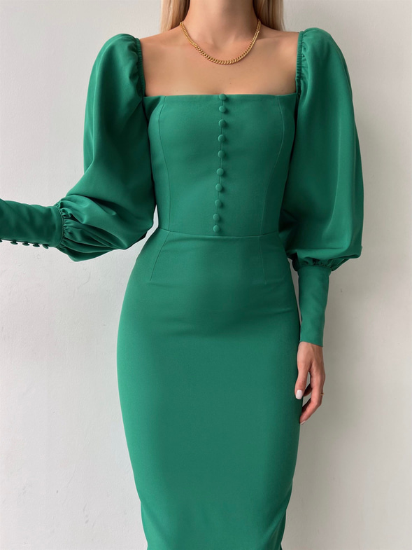 Balon Kol Düğme Detaylı Midi Boy Kadın Yeşil Kalem Elbise 22Y000008