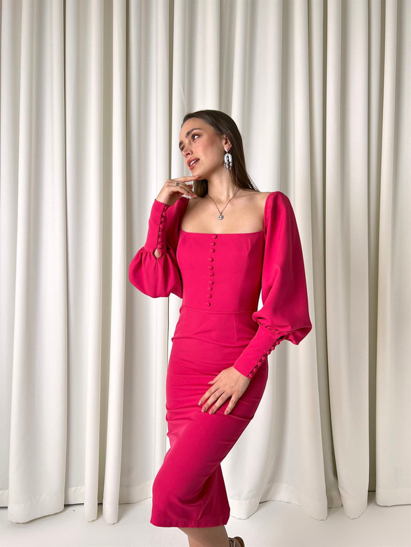 Balon Kol Düğme Detaylı Midi Boy Kadın Fuşya Kalem Elbise 22Y000008