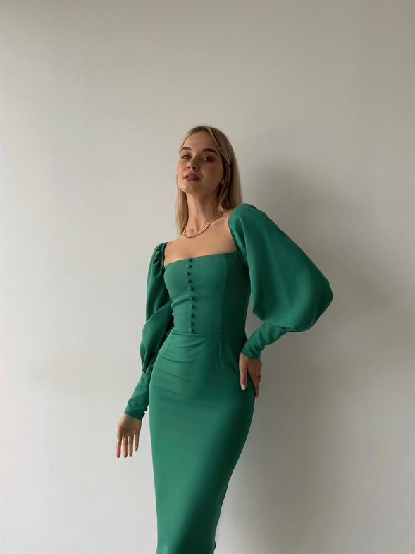 Balon Kol Düğme Detaylı Midi Boy Kadın Yeşil Kalem Elbise 22Y000008