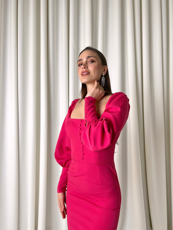 Balon Kol Düğme Detaylı Midi Boy Kadın Fuşya Kalem Elbise 22Y000008