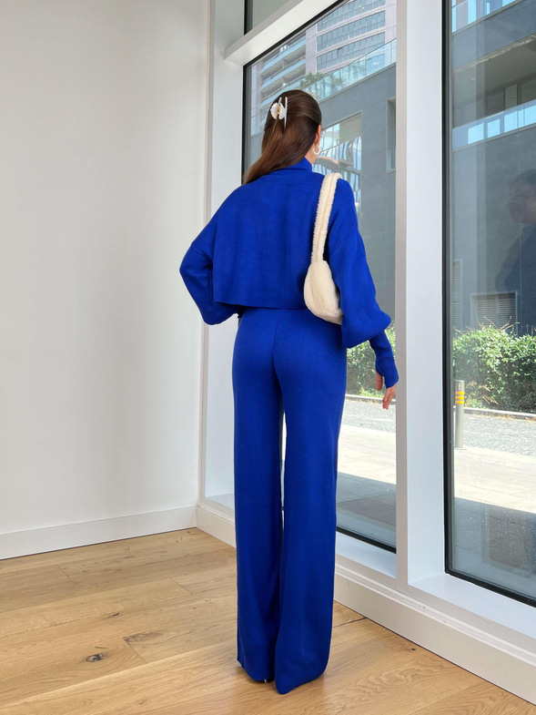 Balıkçı Yaka Crop Geniş Paça Pantolon Barbara Kadın Saks Triko Takım 24k255