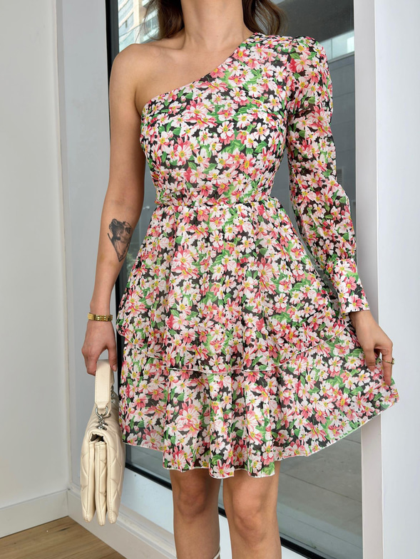 Tek Kol Belden Bağlama Detaylı Eteği Katlı Barina Kadın renkli Çiçekli Mini Elbise 24Y377