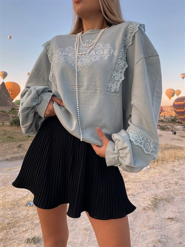 Baskılı Balon Kol Dantel Şeritli Oversize Kadın Mint Sweat 22K000021
