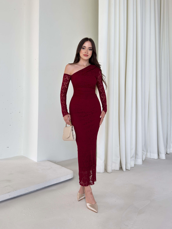 Tek Omuz Detaylı Dantelli Beauty Bordo Kadın Elbise 26K008