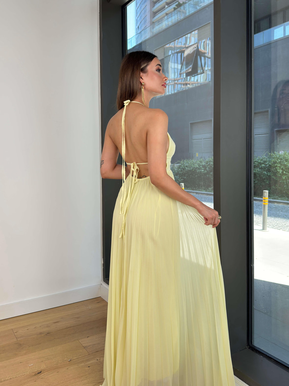 V Yaka Boyundan Askılı Eteği Pileli Beerli Sarı Kadın Elbise 25Y508