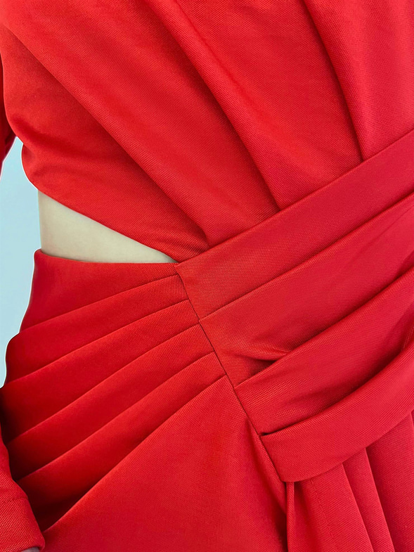 Bel Pencere Detay Tek Kol Veronica Kadın Kırmızı Midi Elbise 23K000413