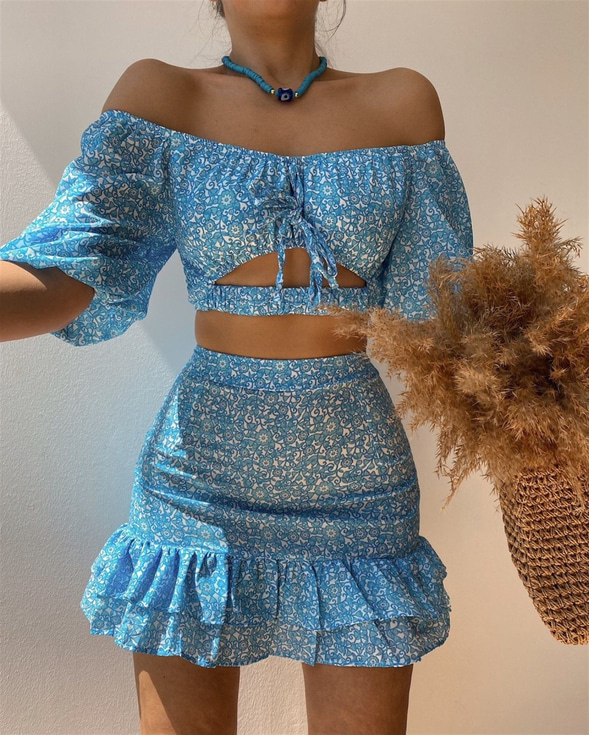 Beli Lastik Detaylı Crop Fırfırlı Mini Etek Kadın Mavi Takım 21Y000452