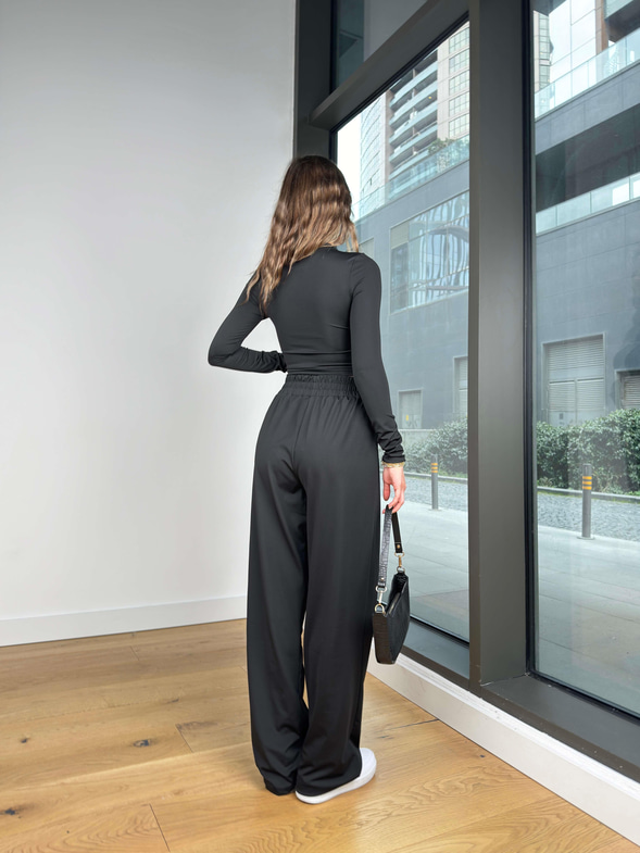 Uzun Kollu Body Beli Latikli Bol Paça Eşofman Bifor Siyah Kadın Takım 25Y135