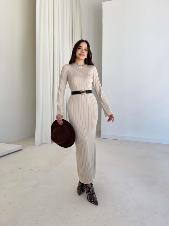 Bisiklet Yaka Agatha Bej Triko Kadın Elbise 26K003