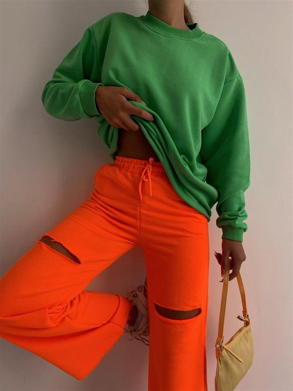 Bisiklet Yaka Boyfriend Kadın Yeşil Sweat 22K000015