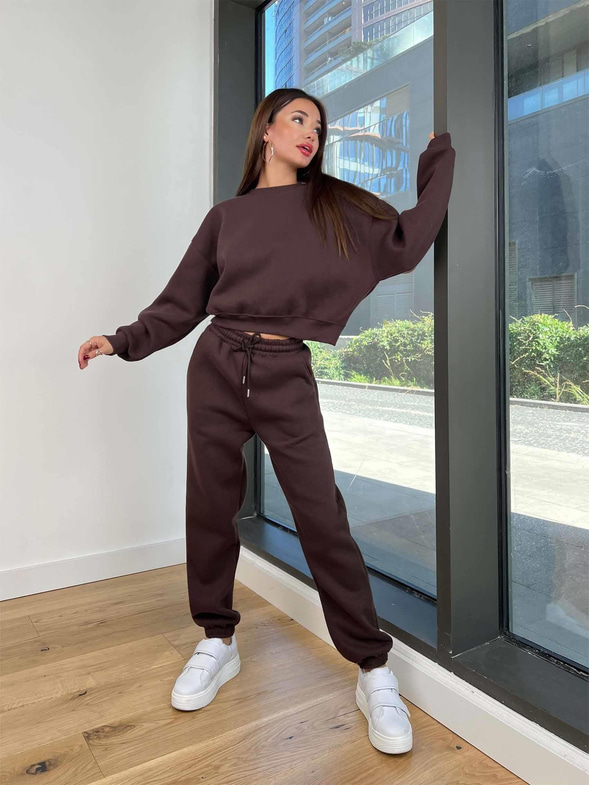 Bisiklet Yaka Crop Sweatshirt Lastikli Eşofman Wesley Kadın Kahve Eşofman Takım 24k258