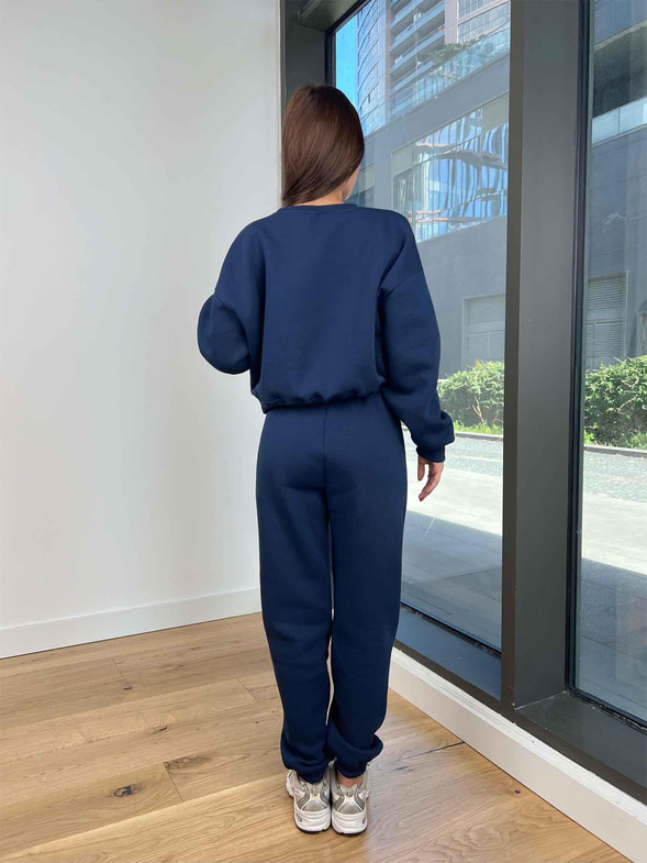 Bisiklet Yaka Crop Sweatshirt Lastikli Eşofman Wesley Kadın Lacivert Eşofman Takım 24k258