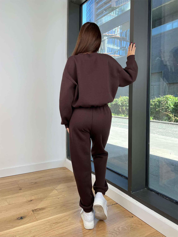 Bisiklet Yaka Crop Sweatshirt Lastikli Eşofman Wesley Kadın Kahve Eşofman Takım 24k258