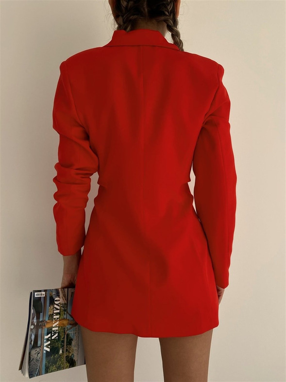 Blazer Beli Drapeli Kadın Kırmızı Ceket Elbise 21K000341