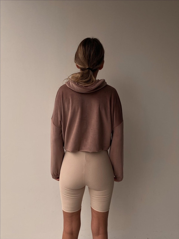 Kruvaze Kapşon Detaylı Kadife Kadın Koyu Bej Sweatshirt 22K000219